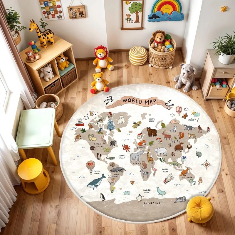 Commercial Printing Format - Karpet Lantai Bulat Motif Peta Dunia